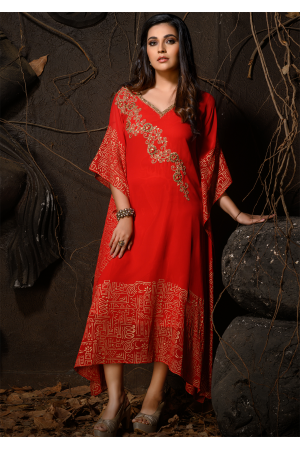 Red Color Designer Georgette Kurti